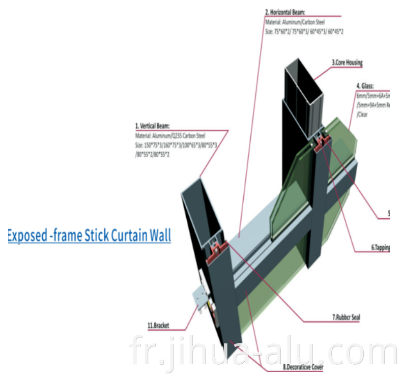 Commercial Buildings Exposed Aluminum Frame Profile Stick Glass Curtain Walls